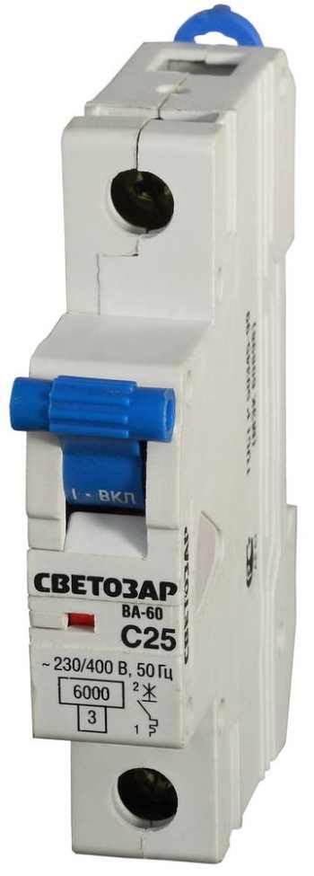 Выключатель автоматический 1-полюсный, 25 A, C, откл. сп. 6 кА, 230 / 400 В СВЕТОЗАР, SV-49061-25-C